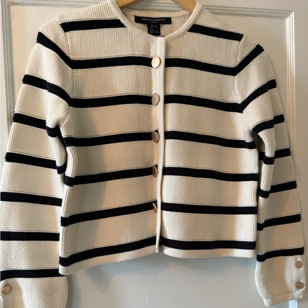 FRENCH CONNECTION Marlowe Knitted Coatigan cream & Black size Large NWT